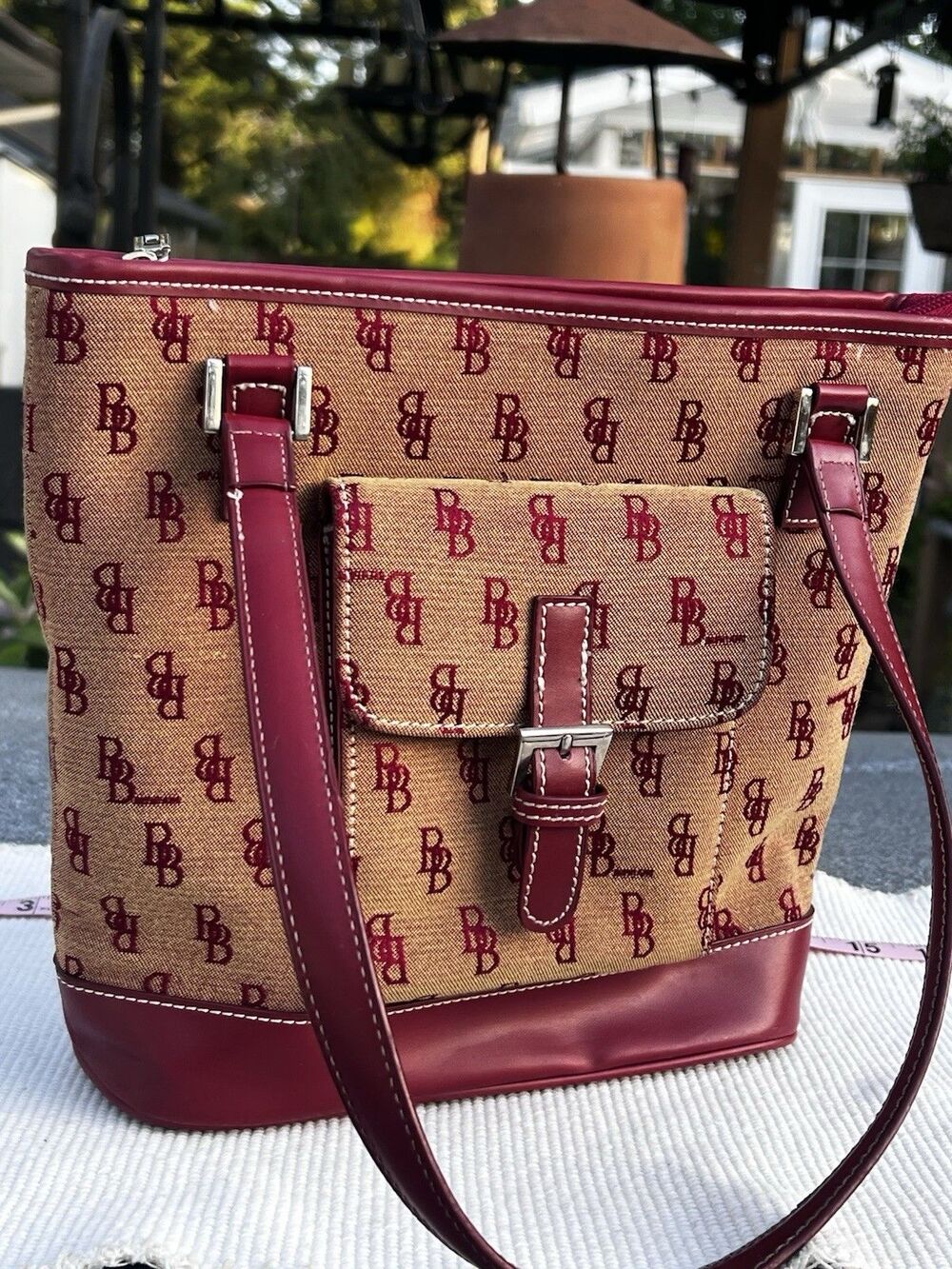 Vintage Y2K BB Rentano Monogram Tote Purse Burgundy Tan Shoulder Bag